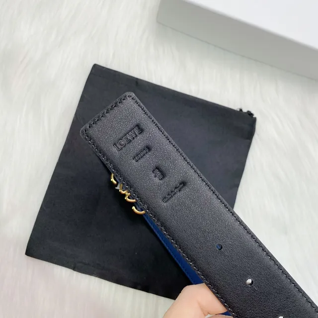 Loewe Anagram নৌবাহিনী সোনালি মসৃণ পূর্ণ-দানা বাকেল চামড়া বেল্ট 7