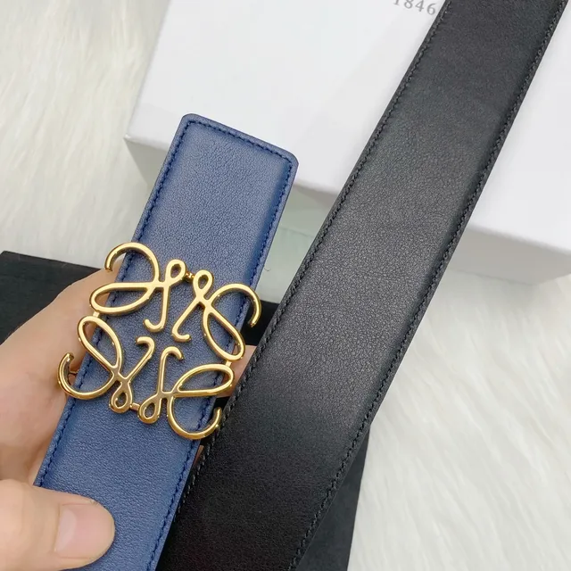 Loewe Anagram নৌবাহিনী সোনালি মসৃণ পূর্ণ-দানা বাকেল চামড়া বেল্ট 8