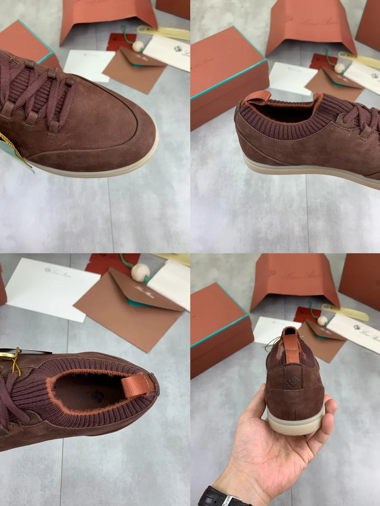 Loro Piana ভূরা বেইজ স্যুড উপর রিবড নিট কলার ক্যাজুয়াল শু 2