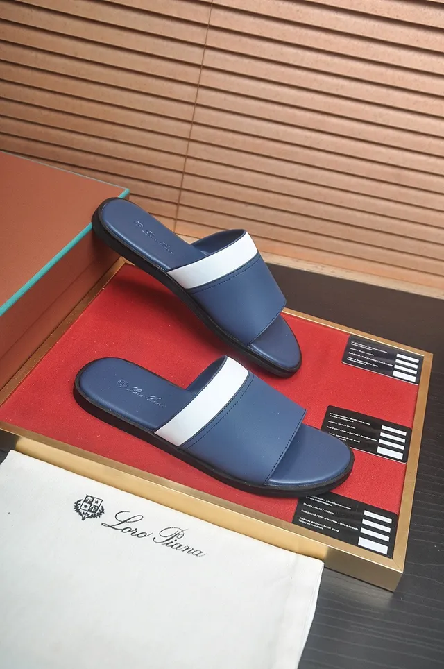 Loro Piana Navy et Blanc Chaussons en Cuir à Glisser 7