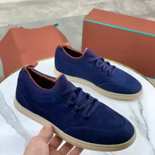 Loro Piana 海军蓝麂皮针织领系带休闲鞋