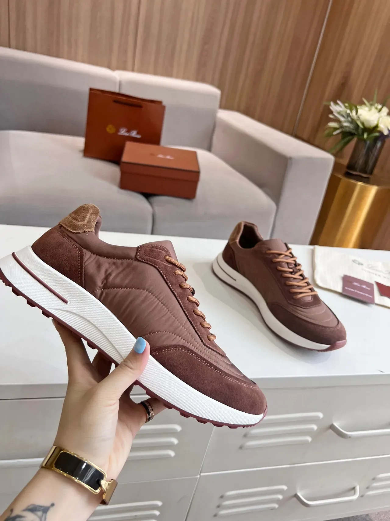 Loro Piana Summer Walk বাদামি সুয়েড-নাইলন জীবনধারা স্নিকার্স 2