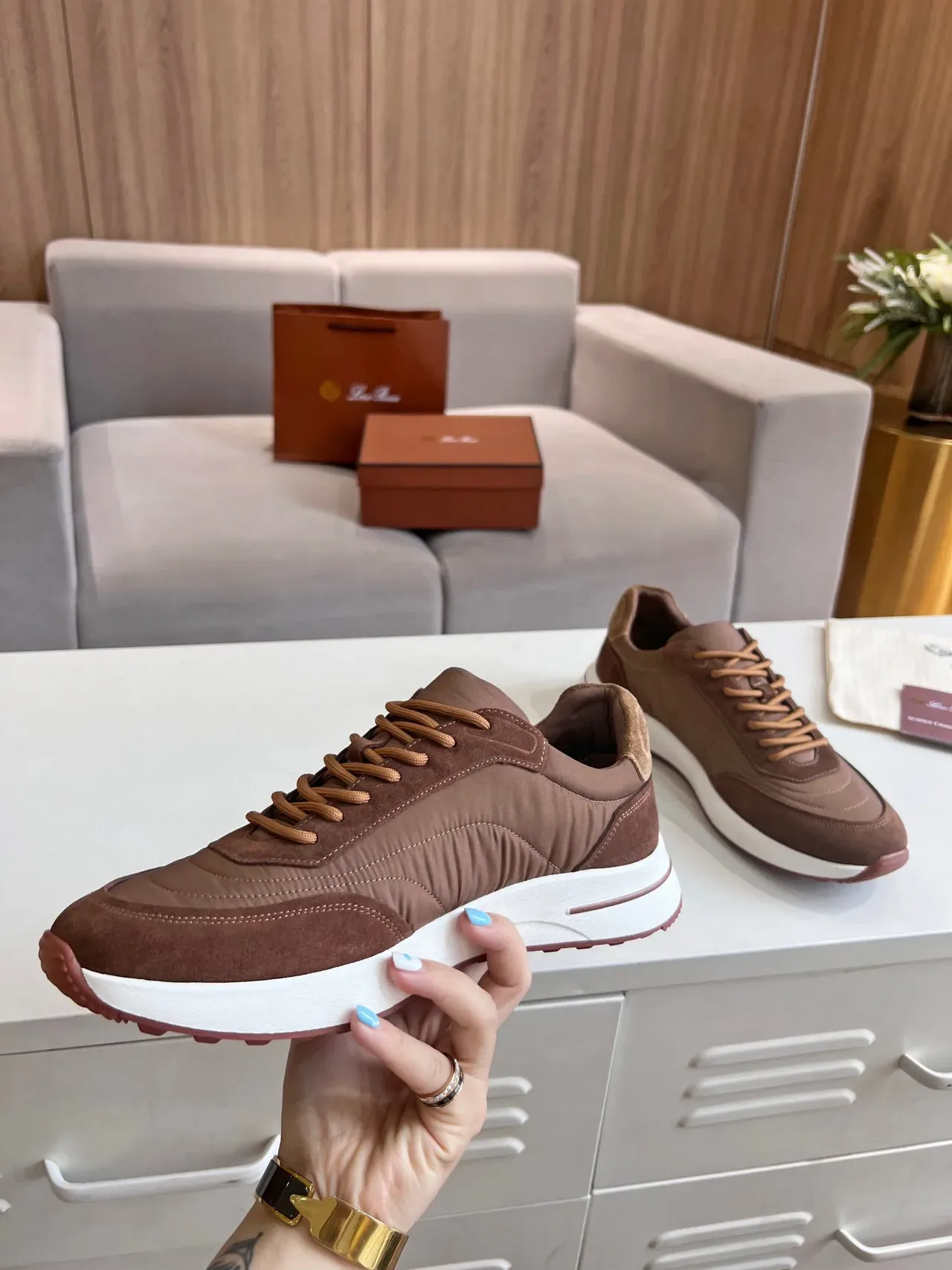 Loro Piana Summer Walk বাদামি সুয়েড-নাইলন জীবনধারা স্নিকার্স 3