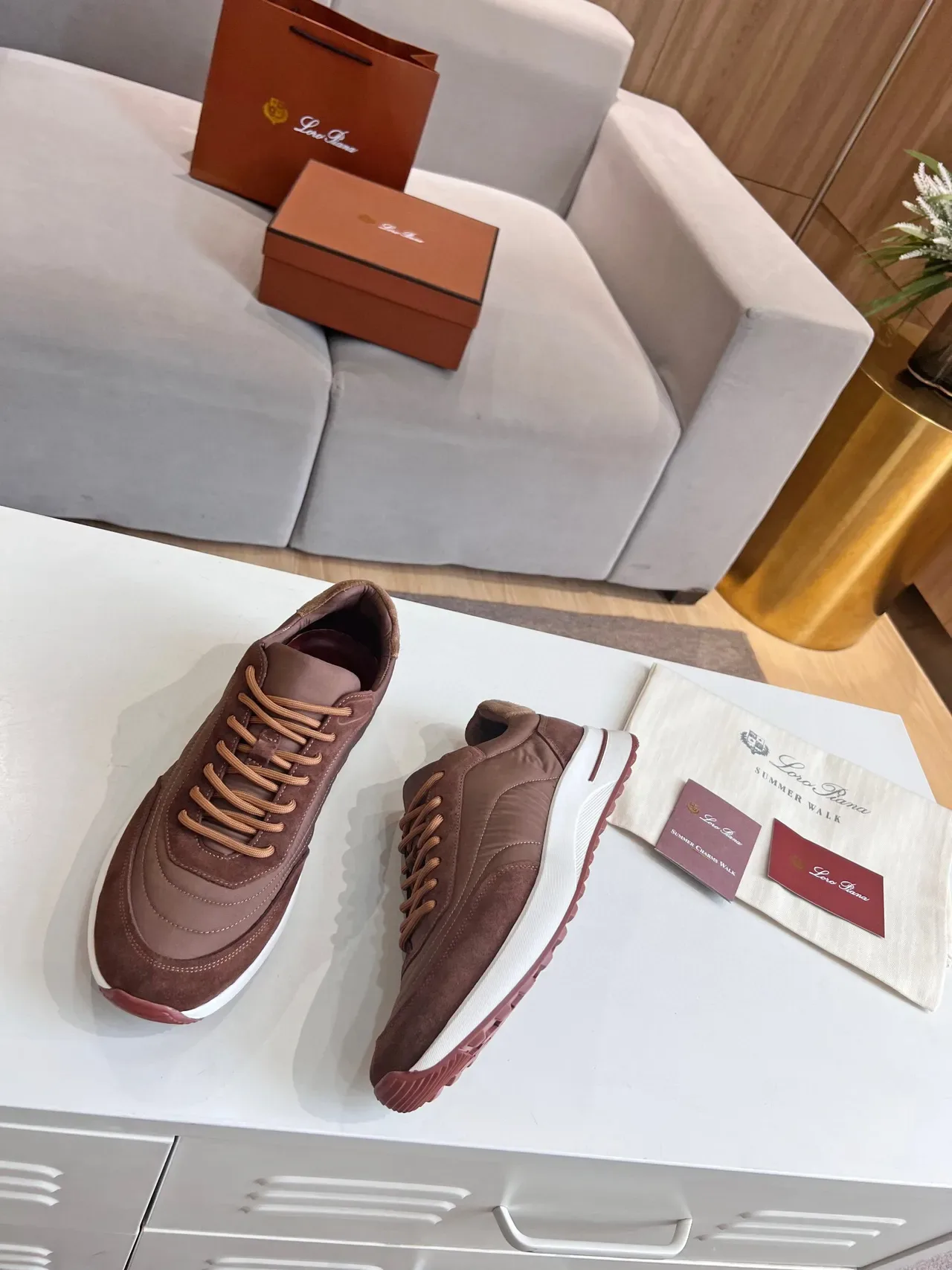 Loro Piana Summer Walk বাদামি সুয়েড-নাইলন জীবনধারা স্নিকার্স 4
