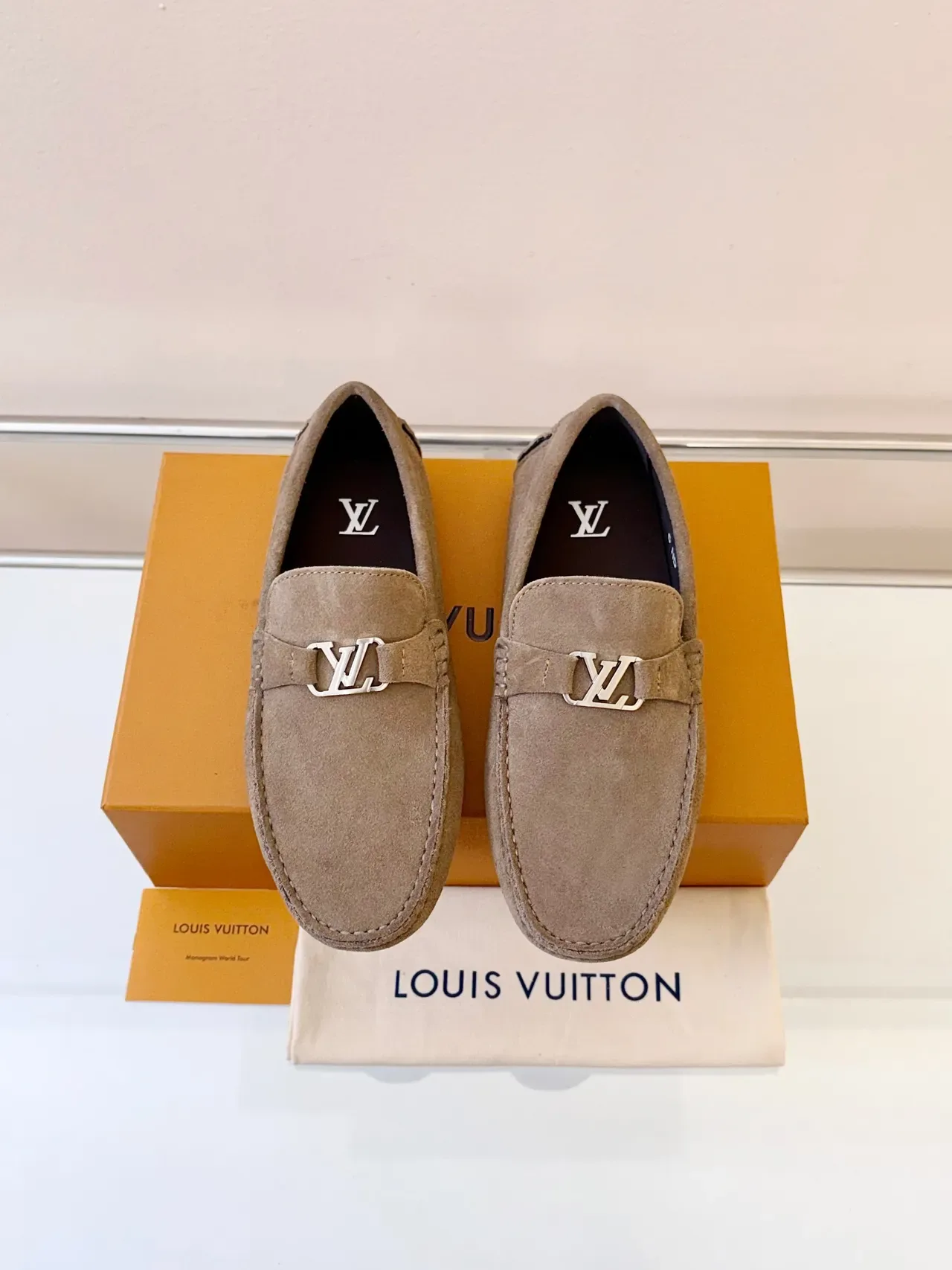 Louis Vuitton Beige Black Suede Upper LV Buckle Strap Loafer 6