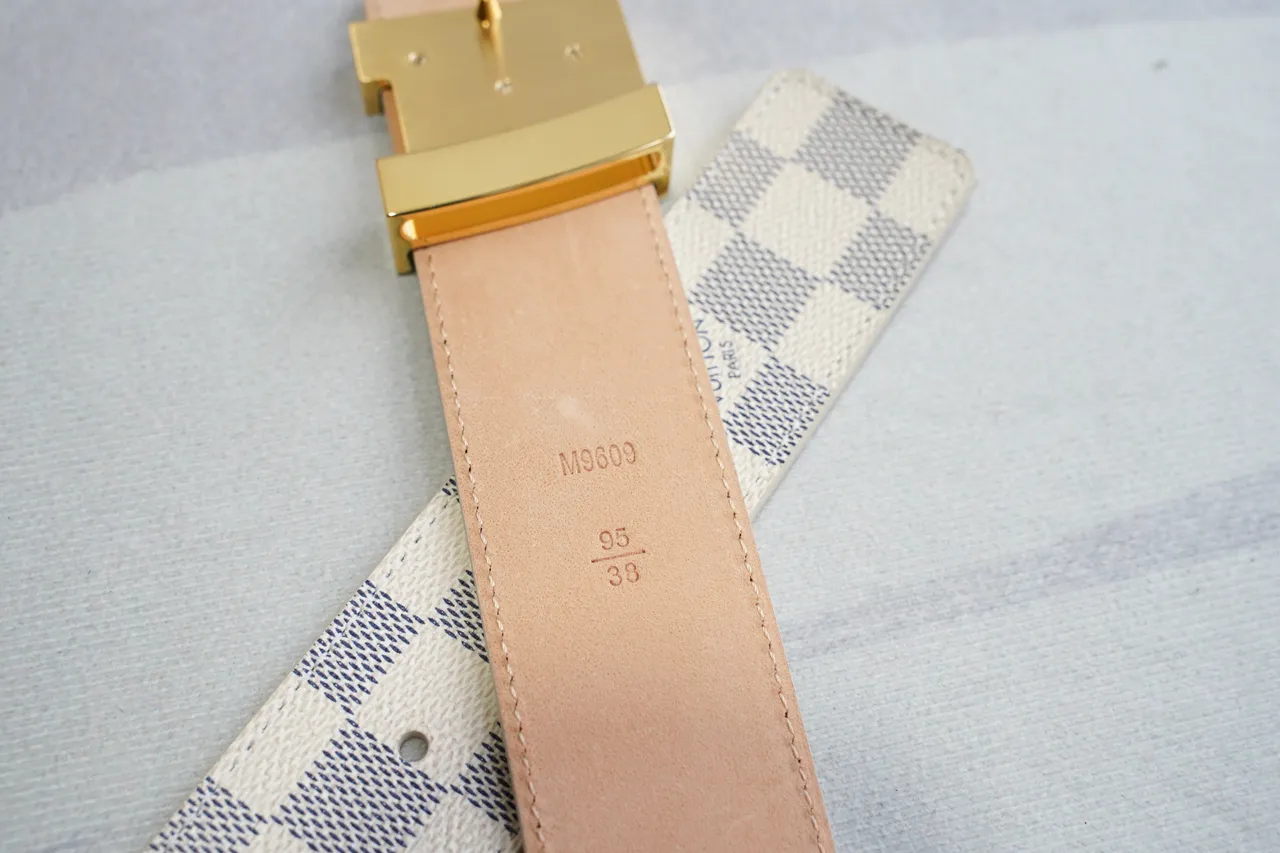 Louis Vuitton Cinto de Couro Bege Cinza Damier Azur Tela Xadrez Tom Dourado Fivela LV Turnlock Buckle 2