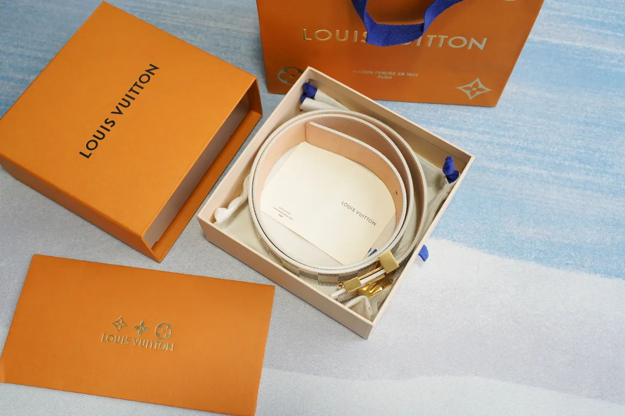 Louis Vuitton Cinto de Couro Bege Cinza Damier Azur Tela Xadrez Tom Dourado Fivela LV Turnlock Buckle 3