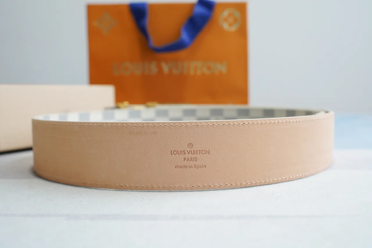 Louis Vuitton Cinto de Couro Bege Cinza Damier Azur Tela Xadrez Tom Dourado Fivela LV Turnlock Buckle 7