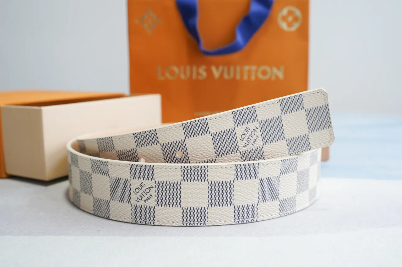 Louis Vuitton Cinto de Couro Bege Cinza Damier Azur Tela Xadrez Tom Dourado Fivela LV Turnlock Buckle 8
