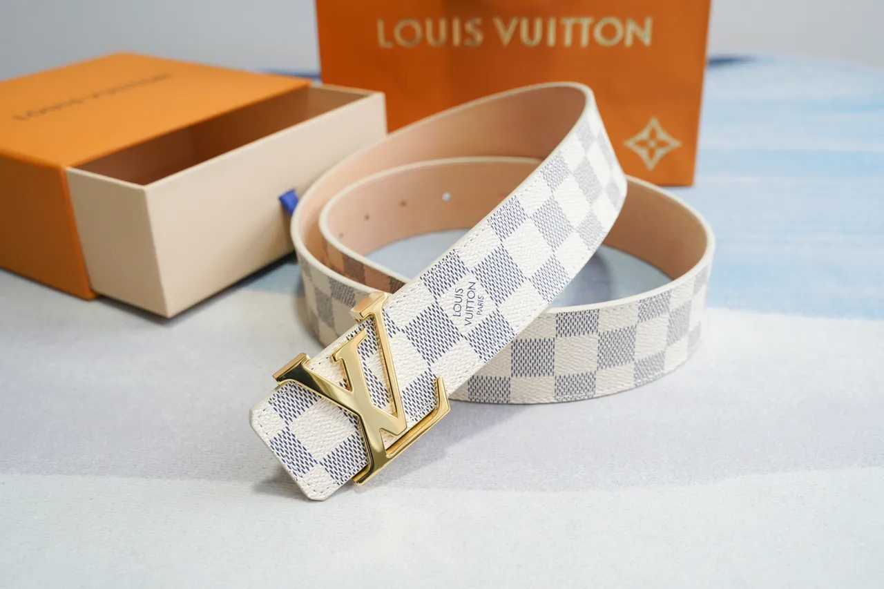 Louis Vuitton Cinto de Couro Bege Cinza Damier Azur Tela Xadrez Tom Dourado Fivela LV Turnlock Buckle 9