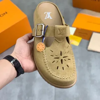 Louis Vuitton Beige Suede T-Strap Perforated Mule Casual Shoe