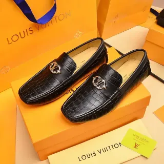 لويس فتون أحذية لوافر أسود ذهبي جلد تمساح مطبوع معدني LV قفل لف