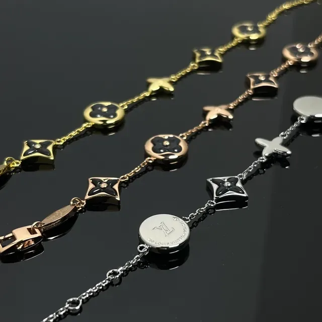 Collier Louis Vuitton Noir et Or Motif Floral Inlay Émail 2