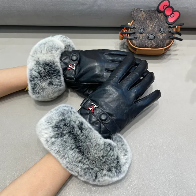 Louis Vuitton काली ग्रे क्विल्टेड फॉक्स फर कफ लेदर ग्लोव्स 8