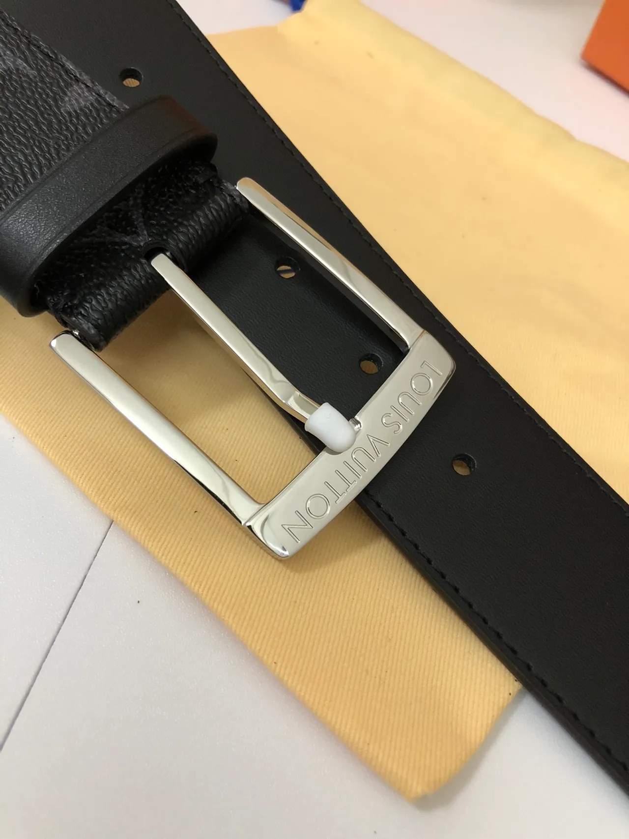 Louis Vuitton Black Silver Monogram-Coated Rectangular Buckle Leather Belt 5