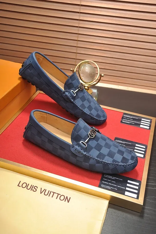 Louis Vuitton azul beige Damier Cobalt lona hebilla horsebit mocasín 4