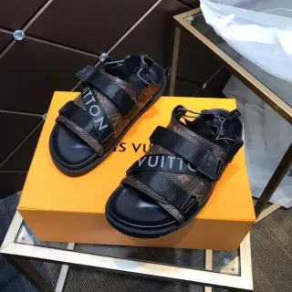 Louis Vuitton Sandálias Casuais Marrom Preto Monogram Lona Tirantes Trama