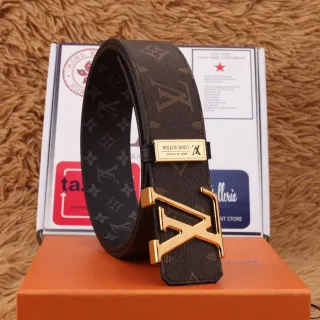 Louis Vuitton भूरा सोना दो तरफा एक रंग का चित्रण कैनवास LV बकल चमड़े की पट्टी