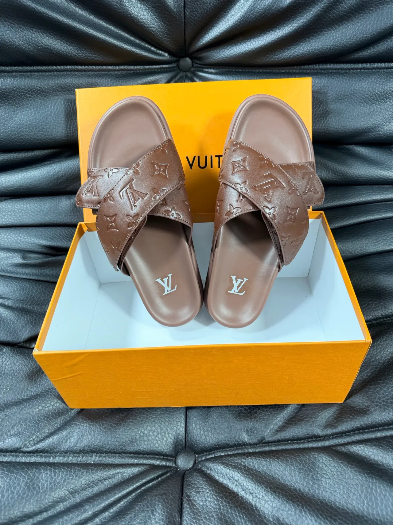 Louis Vuitton Brown Monogram-Embossed Straps Molded Rubber Sole Slippers 3