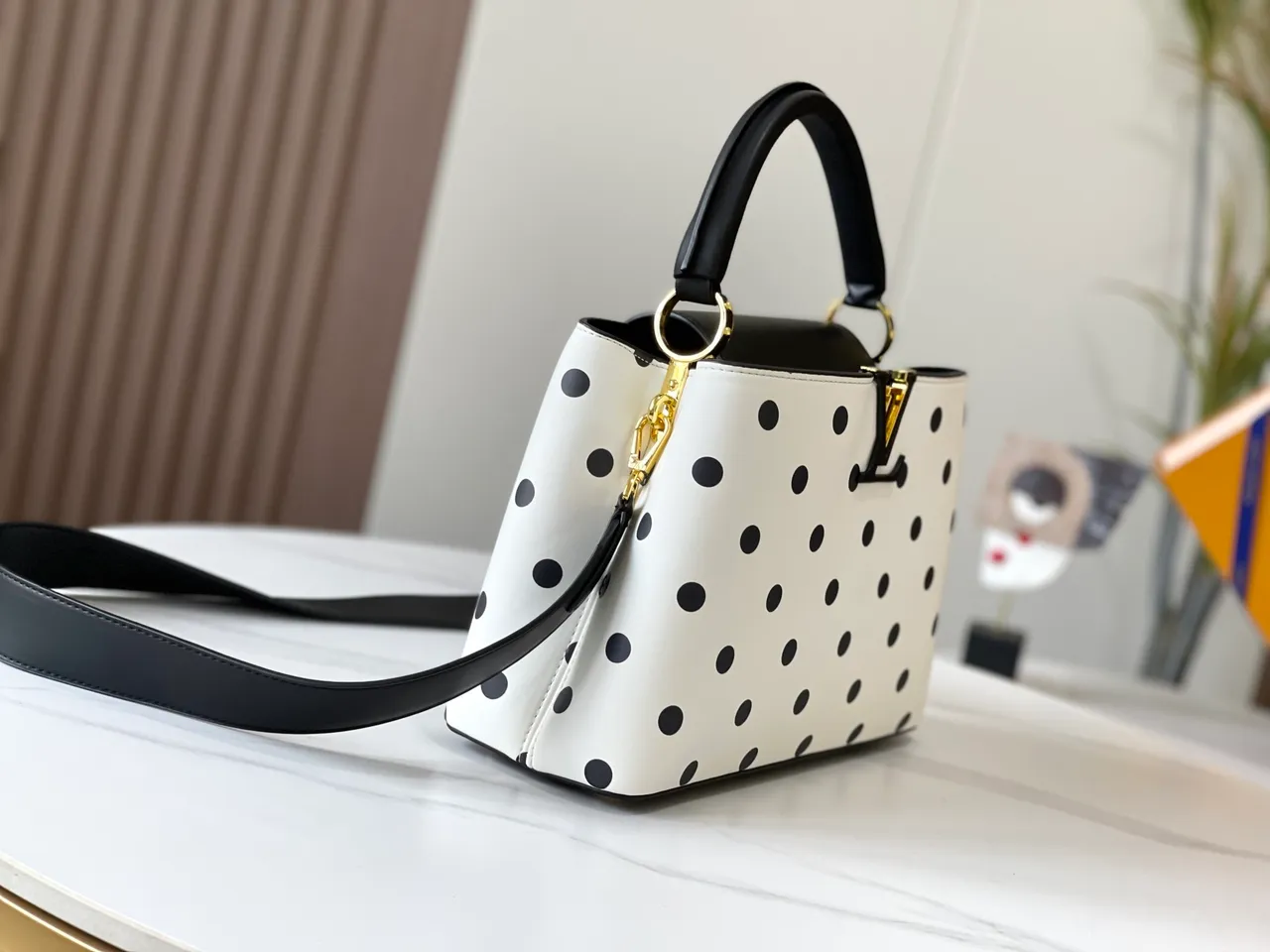 Louis Vuitton Capucines Polka Dot White and Black Tote Bag 2
