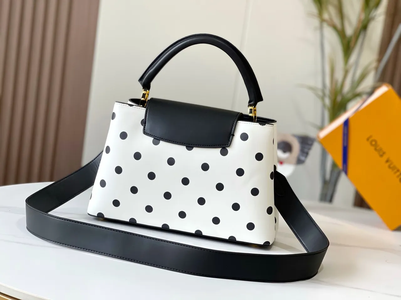 Louis Vuitton Capucines Polka Dot White and Black Tote Bag 3