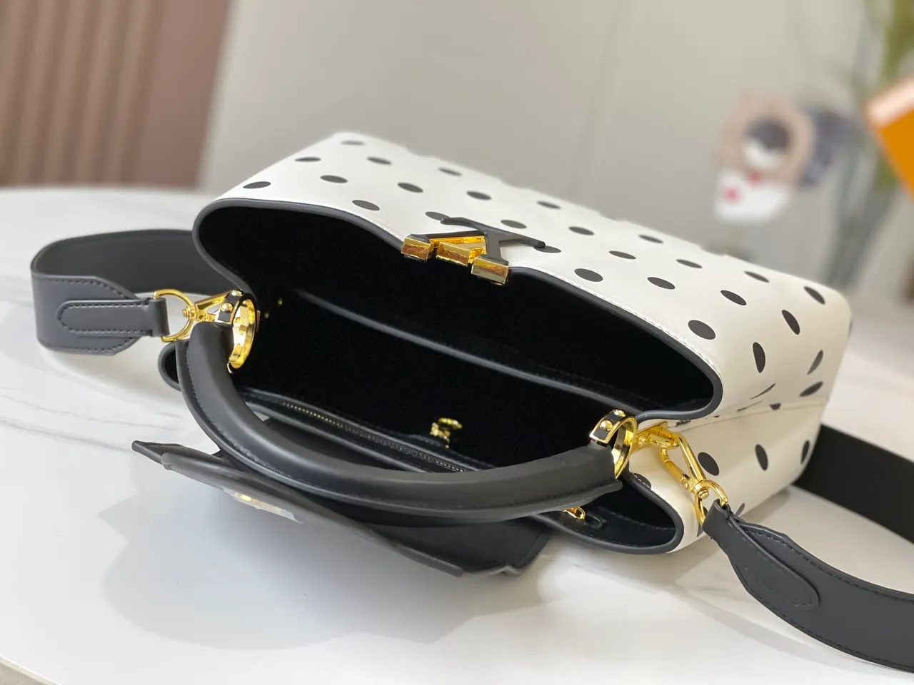 Louis Vuitton Capucines Polka Dot White and Black Tote Bag 5