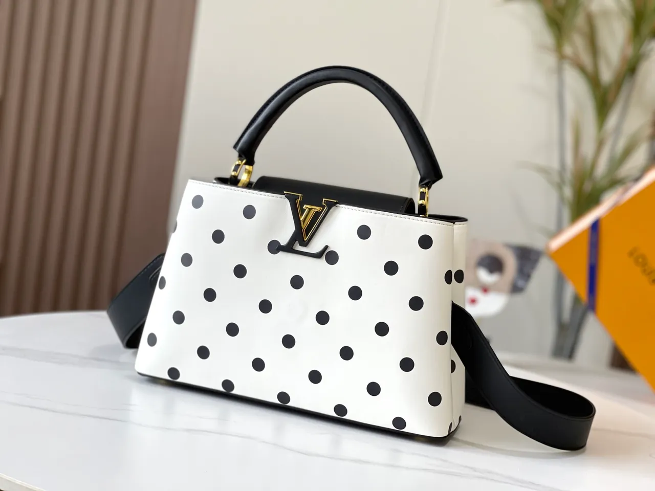 Louis Vuitton Capucines Polka Dot White and Black Tote Bag 6