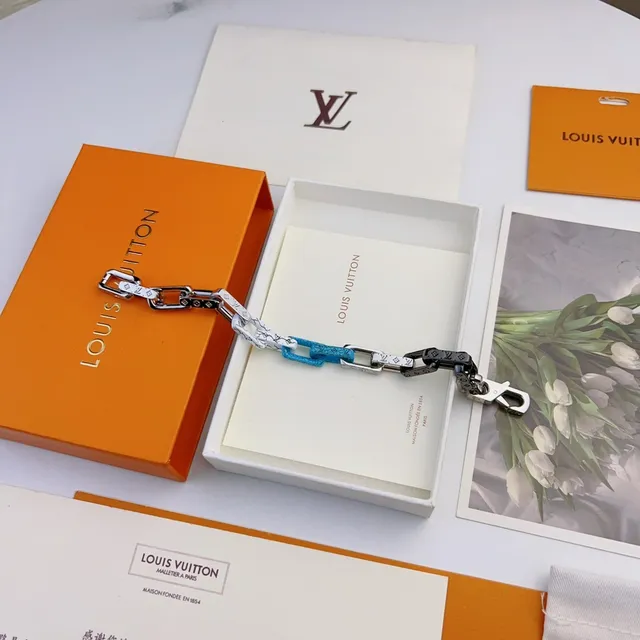 Louis Vuitton Chain Link Silver Multicolor Chunky Monogram-Print Leather Accents Bracelet 5