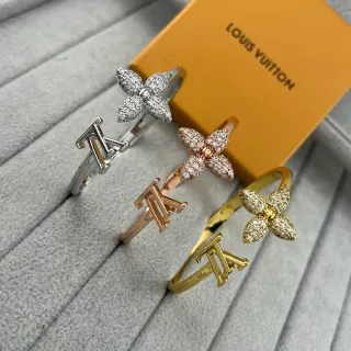 Louis Vuitton Anel de Flor e Monogram Ouro Prata Pavé-Set Motivo Floral Banda Aberta Anel de Letra