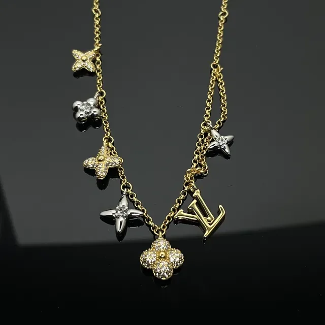 Louis Vuitton Flower Collection Multi-Charm Pavé Crystal Gold and Silver Necklace 4