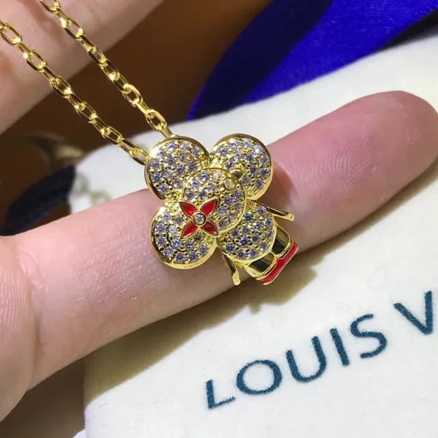 Louis Vuitton 花朵 金色 红色 镶晶石 花朵吊坠 搪瓷点缀 项链 3