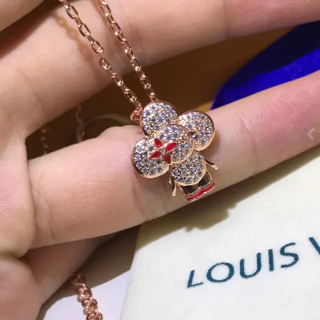 Louis Vuitton 花朵 金色 红色 镶晶石 花朵吊坠 搪瓷点缀 项链 4