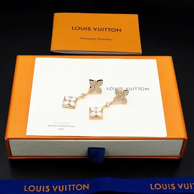 Louis Vuitton Flower Gold White Dangling Earrings 11