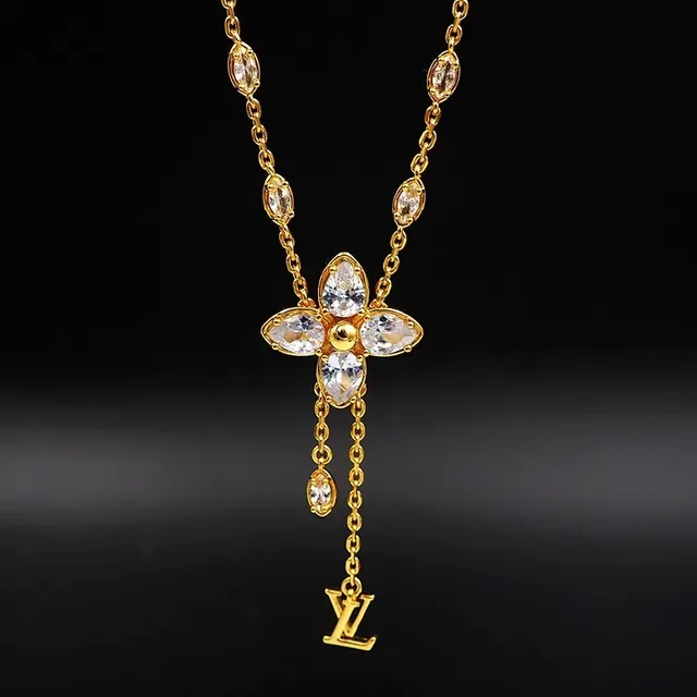 Colar Louis Vuitton Corrente Transparente com Pingente Floral de Cristal Dourado 2