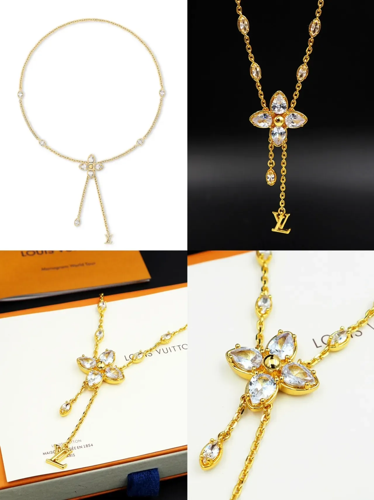 Colar Louis Vuitton Corrente Transparente com Pingente Floral de Cristal Dourado 14
