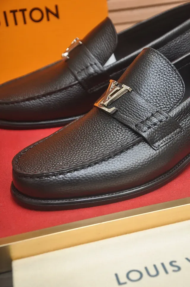 Louis Vuitton Loafer Black Pebbled Leather Metal LV Buckle Loafer 2