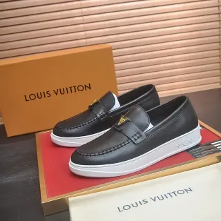 Louis Vuitton লুফার কালো সাদা চামড়া Slip-On Moc-Toe সেলাই