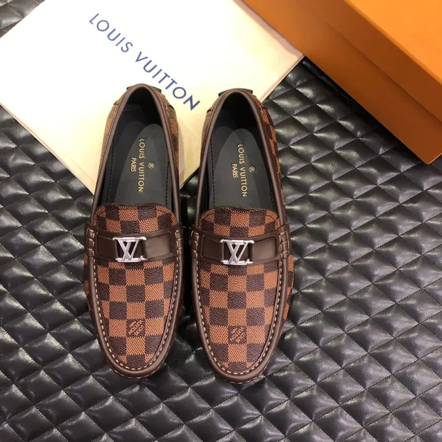 Louis Vuitton لافر بني بيج Damier Ebène Checkerboard Canvas Polished Silver-Tone LV Buckle لافر 2