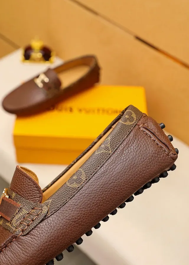 Louis Vuitton Mocassin Marron Beige Cuir Granulé Supérieur Bord Lona Monogramme 3