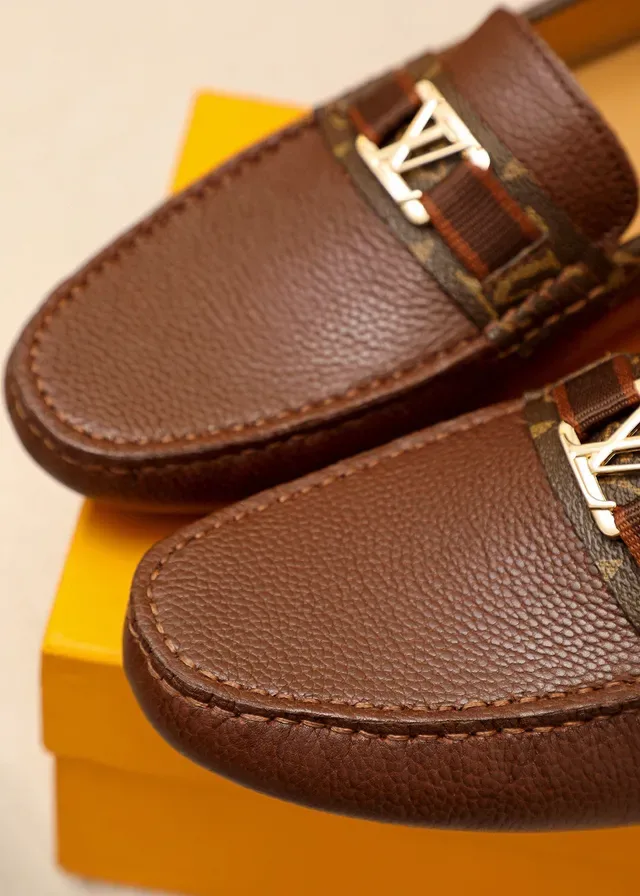 Louis Vuitton Mocassin Marron Beige Cuir Granulé Supérieur Bord Lona Monogramme 4