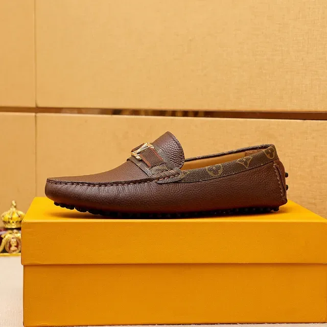 Louis Vuitton Mocassin Marron Beige Cuir Granulé Supérieur Bord Lona Monogramme 5