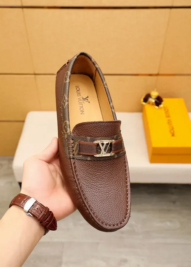 Louis Vuitton Mocassin Marron Beige Cuir Granulé Supérieur Bord Lona Monogramme 6