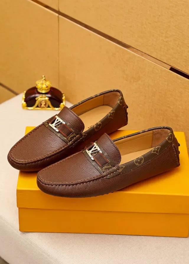 Louis Vuitton Mocassin Marron Beige Cuir Granulé Supérieur Bord Lona Monogramme 8