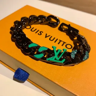 Louis Vuitton LV चेन ब्रेसलेट काला हरा चंकी कुर्ब-लिंक एमेल मॉनोग्राम ब्रेसलेट