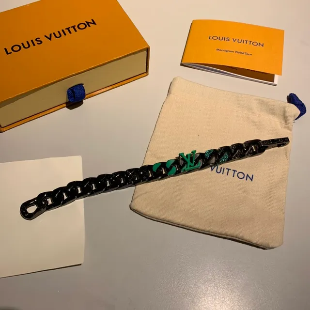Louis Vuitton LV Chain Bracelet Black Green Chunky Curb-Link Enamel Monogram Bracelet 2