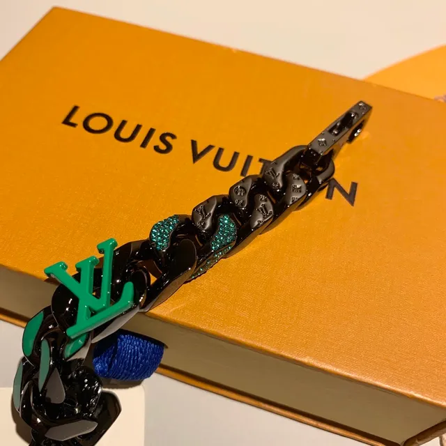 Louis Vuitton LV Chain Bracelet Black Green Chunky Curb-Link Enamel Monogram Bracelet 6
