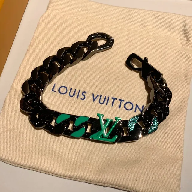 Louis Vuitton LV Chain Bracelet Black Green Chunky Curb-Link Enamel Monogram Bracelet 7