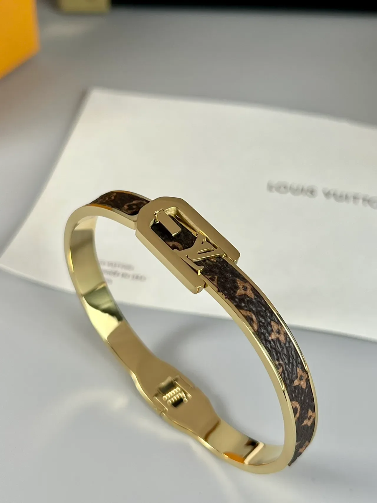 Louis Vuitton LV Initiales Gold Brown Hinged Bangle Monogram-Coated Band Bracelet 4