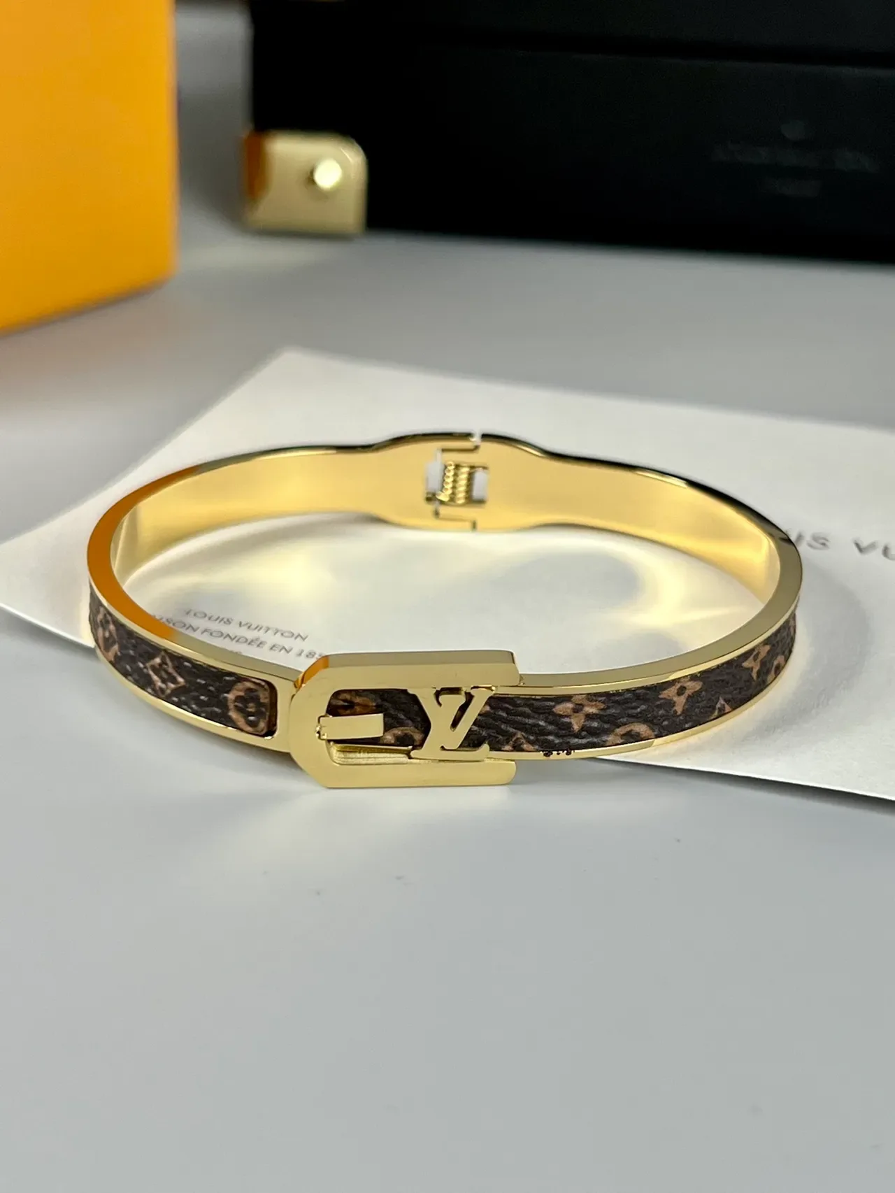 Louis Vuitton LV Initiales Gold Brown Hinged Bangle Monogram-Coated Band Bracelet 5