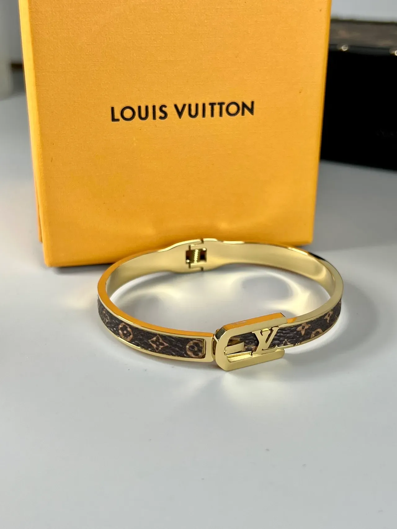 Louis Vuitton LV Initiales Gold Brown Hinged Bangle Monogram-Coated Band Bracelet 6